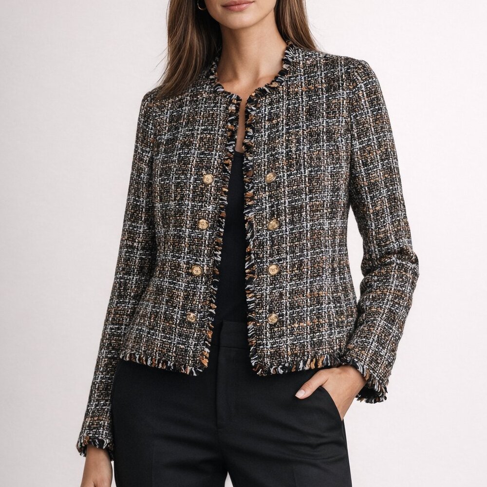 Calvin Klein 8 Brown Black Gold Logo Button Tweed Double Breasted Blazer Jacket